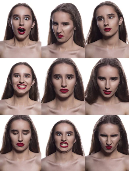 さまざまな感情をかなりブルネットのモデルのコラージュ ポーズを白地に真っ赤な唇を持つ女性 — ストック写真