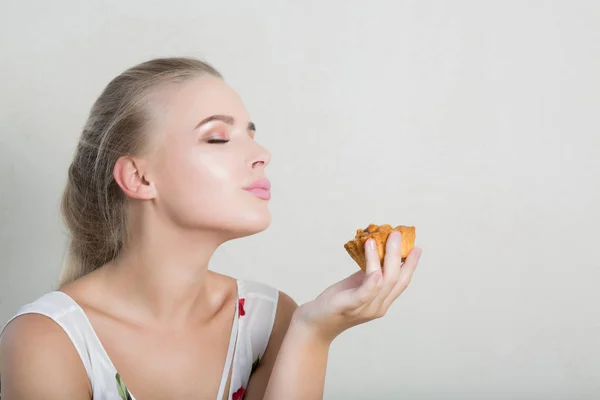 Playful Blonde Girl Having Fun Sweet Dessert Nuts Empty Space — Stock Photo, Image