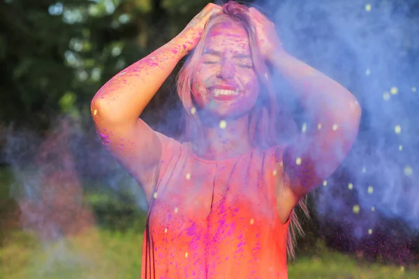 Classy Young Model Exploding Colorful Paint Celebrating Holi Festival — Stock Photo, Image