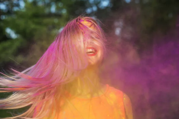 Cheerful Blonde Girl Hair Bloated Wind Celebrating Holi Festival — Stock Photo, Image