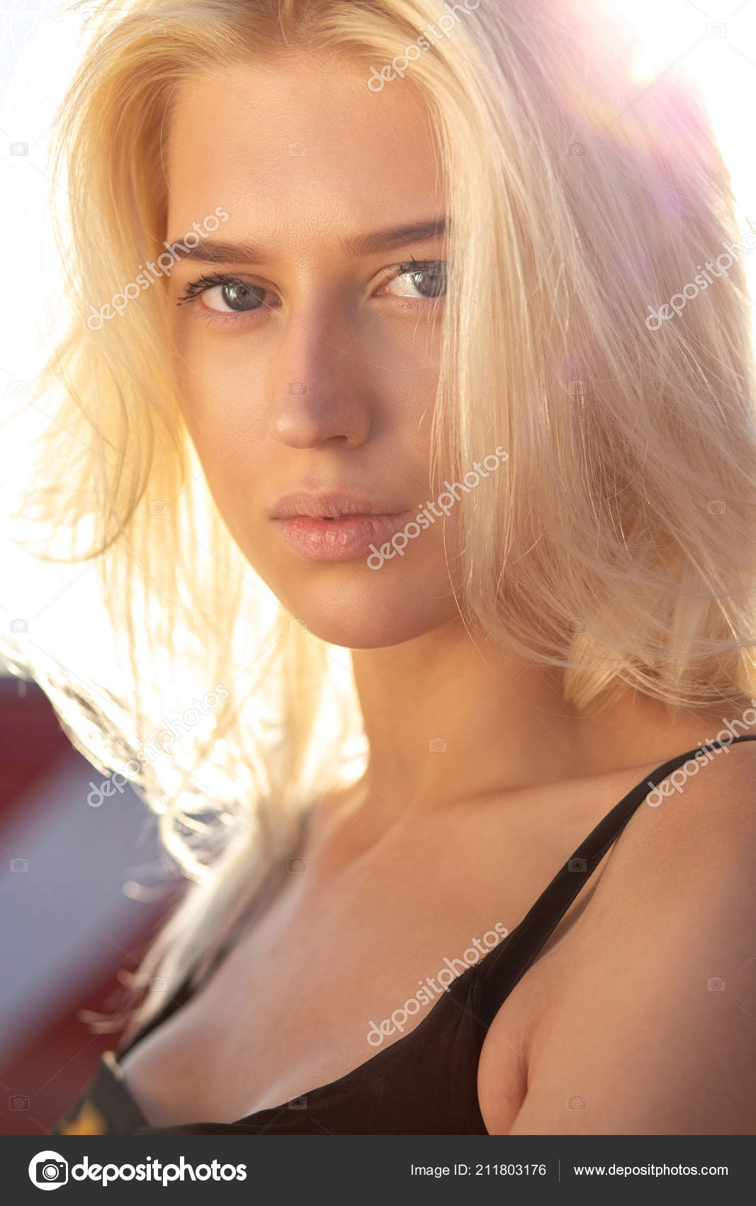 Tender Blonde Blue Eyed Woman Natural Makeup Hair Looking Camera