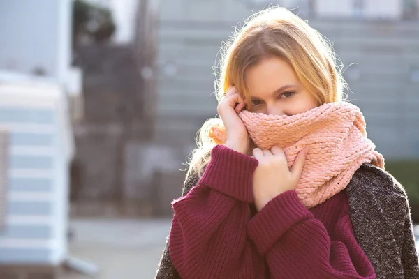 Smiling Blonde Woman Red Lips Wearing Knitted Scarf Coat Posing — Stock Photo, Image