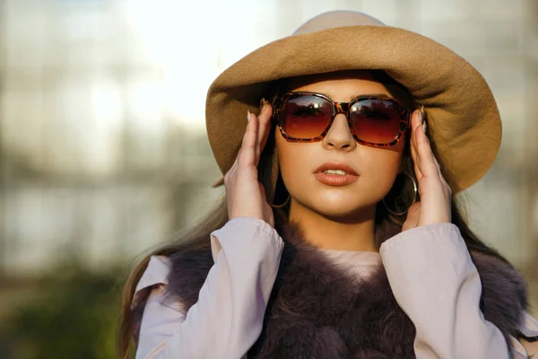 Fashionable brunette tanned woman with natural makeup wearing hat, sunglasses and fur coat. Space for text