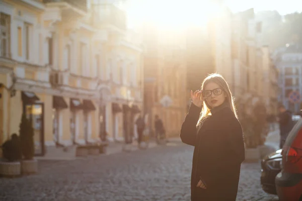 Outdoor Portrait Amazing Blonde Woman Wearing Glasses Coat Posing Old — Stock Photo, Image