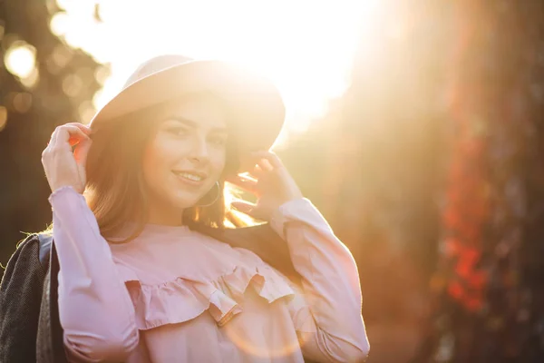 Emotional Smiling Woman Natural Makeup Wearing Hat Enjoying Warm Autumn — Stock Photo, Image
