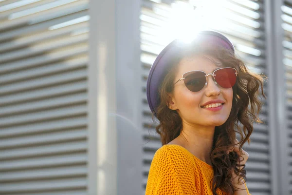 Closeup Portrait Adorable Smiling Brunette Woman Curly Hair Wearing Glasses — Stock Photo, Image