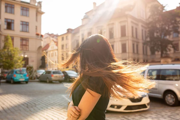 Street Portrait Pretty Brunette Woman Fluttering Hair Walking Old City — Stock Photo, Image