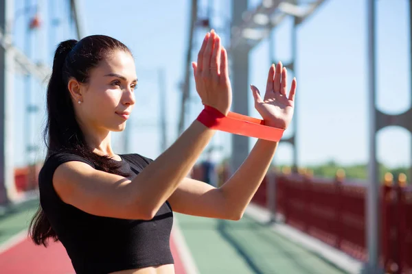 Attractive Sporty Woman Doing Training Rubber Resistance Band Bridge Space — Stock Photo, Image