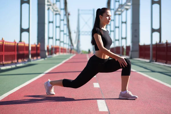 Slender Fitness Woman Doing Stretching Jogging Bridge Space Text — Stock Photo, Image