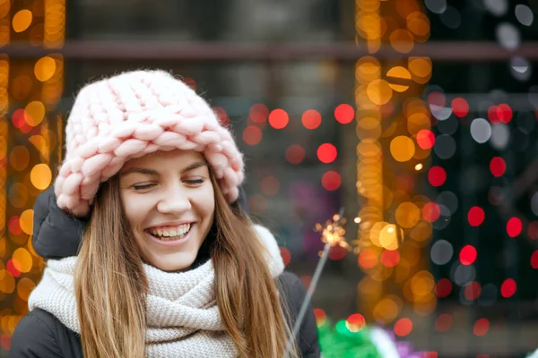 Charming Blonde Woman Wearing Winter Outfit Celebrating New Year Street — Stock Photo, Image