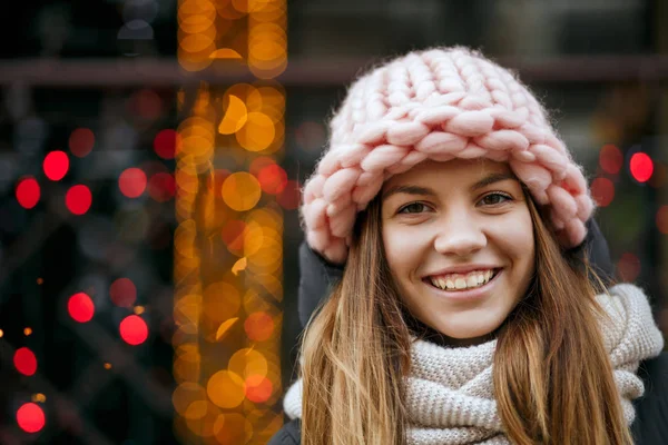Happy Blonde Woman Wearing Warm Winter Outfit Celebrating Christmas Garlands — Stock Photo, Image