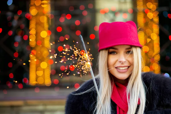 Smiling Blonde Woman Celebrating Christmas Sparklers Bokeh Background Empty Space — Stock Photo, Image