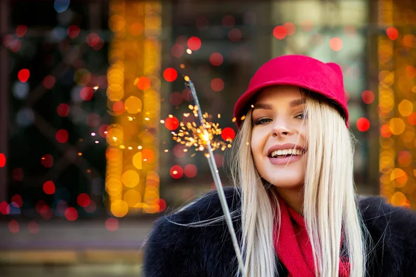 Happy Blonde Girl Celebrating Christmas Sparklers Bokeh Background Empty Space — Stock Photo, Image