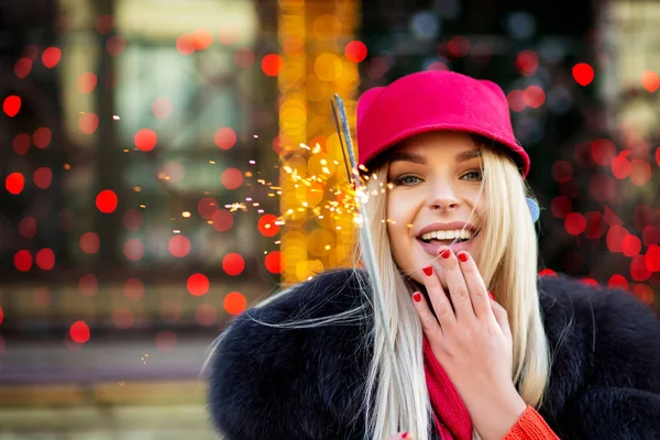 Joyful Blonde Woman Celebrating Christmas Sparklers Bokeh Background Empty Space — Stock Photo, Image