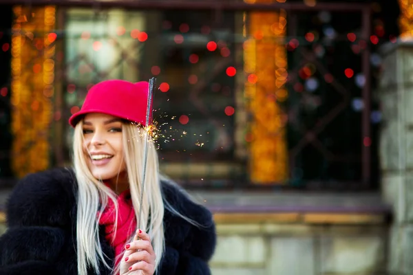 Cheerful Blonde Girl Celebrating New Year Sparklers Bokeh Background Empty — Stock Photo, Image