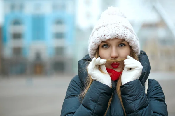 Surprised Blonde Woman Having Fun Shows Moustache Her Hair Space — Stock Photo, Image