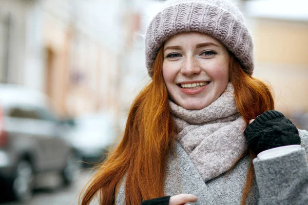 Closeup Portrait Happy Red Haired Woman Natural Makeup Walking Street — Stock Photo, Image