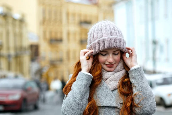 Closeup Portrait Amazing Red Haired Woman Wearing Knitted Warm Cap — Stock Photo, Image