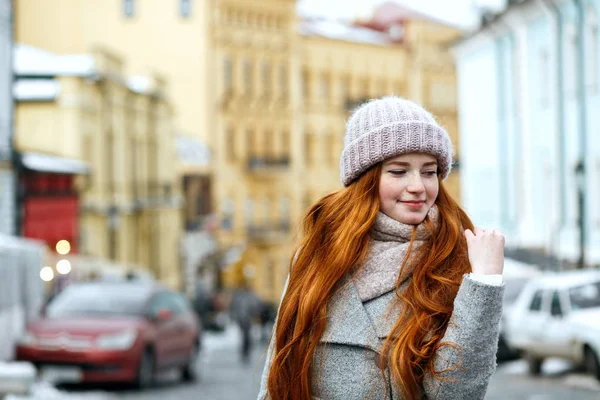 Street Portrait Lovely Redhead Woman Long Hair Wearing Warm Winter — Stock Photo, Image
