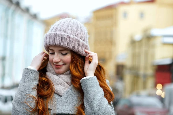 Closeup Portrait Wonderful Red Haired Woman Wearing Knitted Warm Cap — Stock Photo, Image