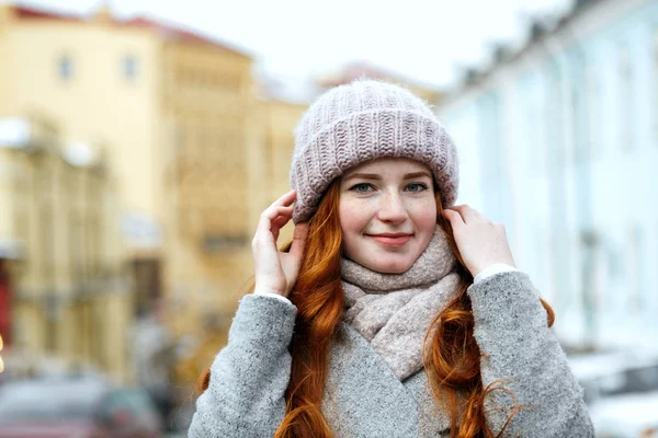 Closeup Portrait Magnificent Red Haired Woman Wearing Knitted Warm Cap — Stock Photo, Image