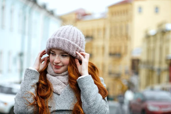 Closeup Portrait Tender Red Haired Woman Wearing Knitted Warm Cap — Stock Photo, Image