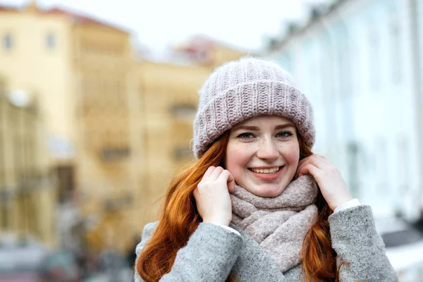 Closeup Portrait Joyful Red Haired Woman Wearing Knitted Warm Cap — Stock Photo, Image