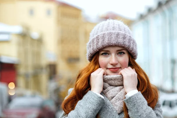 Closeup Portrait Pretty Red Haired Woman Wearing Knitted Warm Cap — Stock Photo, Image