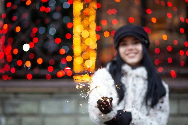 Wonderful Smiling Brunette Woman Having Fun Bengal Lights Outdoor Empty — Stock Photo, Image