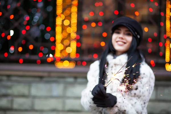 Magnificent Smiling Brunette Woman Having Fun Bengal Lights Outdoor Empty — Stock Photo, Image