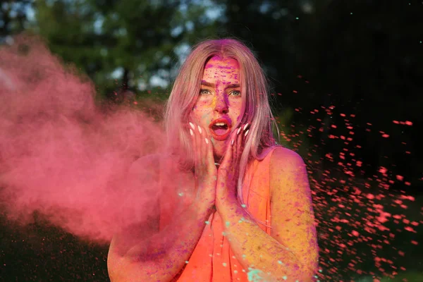 Surprised Young Woman Wearing Orange Dress Posing Cloud Dry Pink — Stock Photo, Image