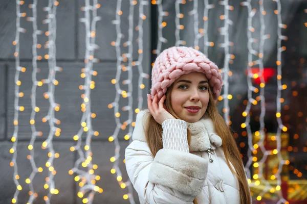 Adorable Blonde Woman Wearing Warm Apparel Walking Street Decorated Garlands — Stock Photo, Image