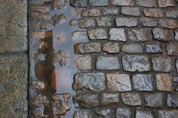 Влажные Мощеные Камни После Дождя Пешеходной Зоне Крупный План — стоковое фото