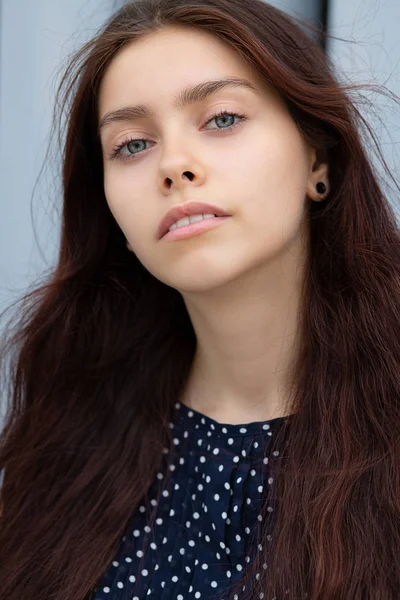 Fashionable Long Haired Brunette Model Posing Metal Shutters City — Stock Photo, Image