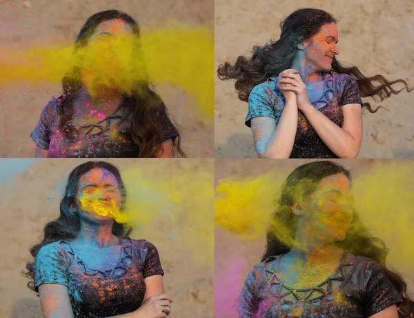 Κολάζ Εικόνων Όμορφη Μελαχρινή Γυναίκα Που Ποζάρει Έκρηξη Κίτρινη Σκόνη — Φωτογραφία Αρχείου