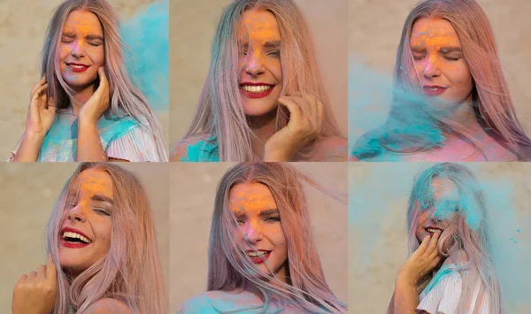 Набір Зображень Веселою Блондинкою Позує Вибуховою Синьою Фарбою Холі Пустелі — стокове фото