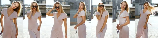 Set Fotos Von Wunderschönen Frau Trägt Rosa Kleid Und Brille — Stockfoto