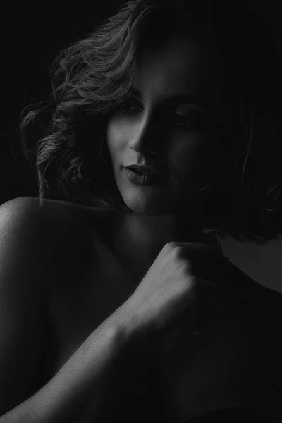 Black White Portrait Gorgeous Brunette Woman Naked Shoulders — Stock Photo, Image