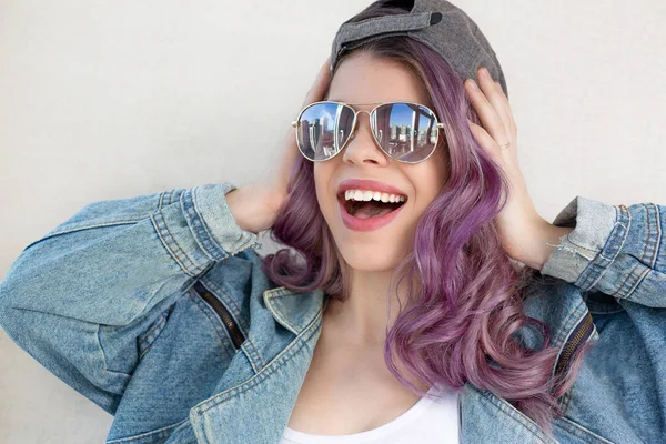 Excited Young Woman Curly Purple Hair Wearing Mirror Glasses Denim — Stock Photo, Image