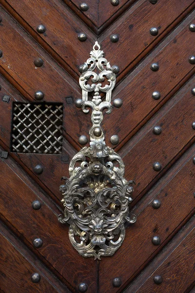Vecchia Maniglia Decorativa Una Porta Legno Marrone Primo Piano — Foto Stock