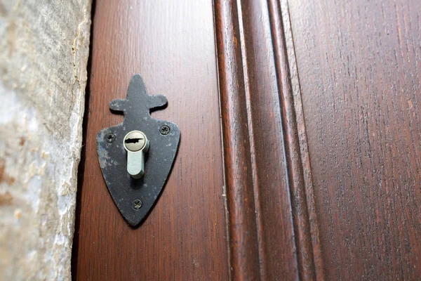Kahverengi Bir Oyma Kapı Anahtar Deliği Kopya Alanı — Stok fotoğraf