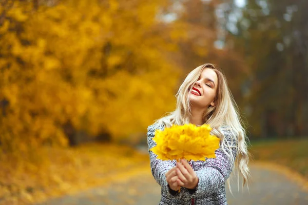 Αξιολάτρευτο χαμογελαστή γυναίκα στο φθινοπωρινό πάρκο — Φωτογραφία Αρχείου