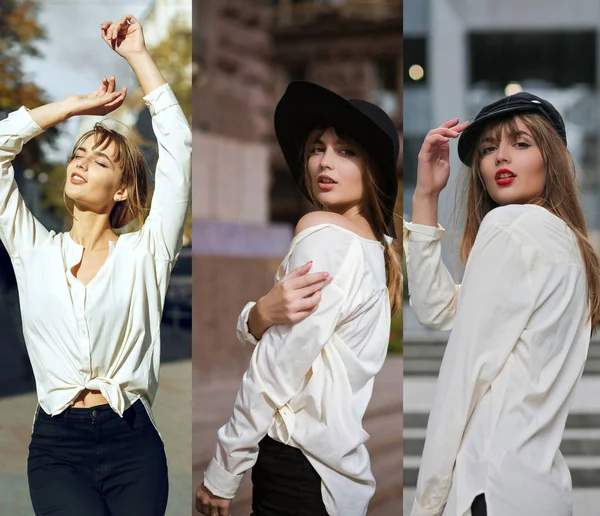 Conjunto de tiros com esplêndida menina veste roupas elegantes — Fotografia de Stock