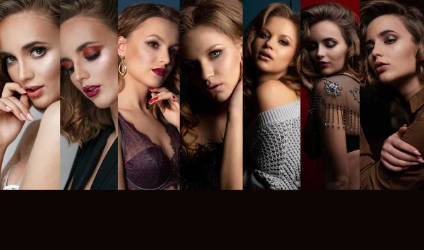 Kit of photos with wonderful girls with perfect makeup Stock Photo