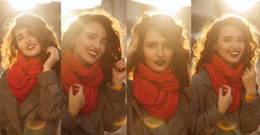 Kıvırcık saçlı harika bir kızla portreler. 