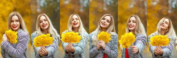 Kollázs felvételek lány gazdaság sárga levelek — Stock Fotó