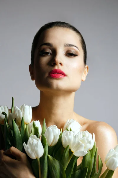 Fashion Shot Luxury Young Woman Holding Bouquet White Tulips Studio — Stock Photo, Image
