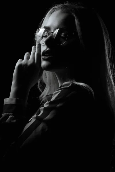 Dramatic Portrait Seductive Woman Wears Glasses Posing Shadow Black White — Stock Photo, Image