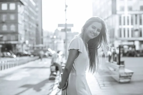 Black White Street Portrait Happy Girl Wears Long Dress Walking — Stock Photo, Image