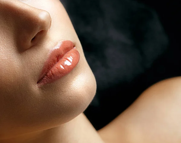 Closeup shot of beautiful female lips after permanent makeup procedure. Space for tex